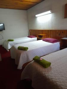 克萨尔特南戈Hotel Real del Campo的酒店客房,设有三张床,配有绿色毛巾