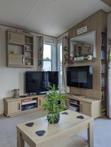 韦茅斯PEACEFUL HOMELY Caravan IN LOVELY CUL DE SAC Littlesea Haven Weymouth的客厅配有电视和茶几