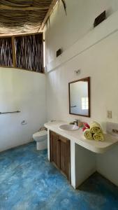 帕洛米诺Casa Yuluka en la playa, Palomino的一间带水槽、镜子和卫生间的浴室