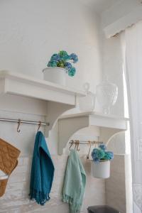 帕斯蒂达Philoxenia traditional house的浴室设有白色架子和两株盆栽植物