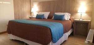 康塞普西翁Hotel D&V Concepción的酒店客房配有一张带蓝色枕头的大床