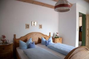 格赖瑙Landhaus Reiser的一间卧室配有一张带蓝色枕头的床