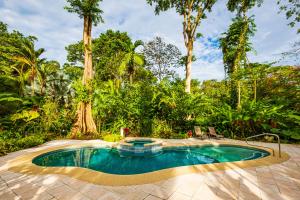 别霍港El Nido Jungle Lodge的树木繁茂的庭院中的一个游泳池