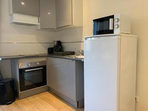 亚眠Appartement duplex proche zénith, mégacité, stade的小厨房配有冰箱和微波炉。
