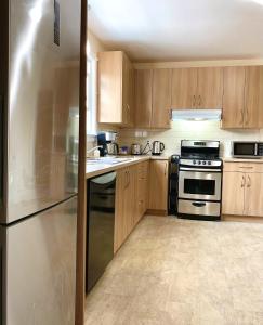 渥太华Simply Stays的厨房配有木制橱柜和不锈钢冰箱。