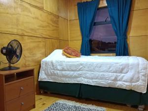 琼奇CABAÑAS RAYEN HUILLINCO的一间卧室配有一张带风扇和窗户的床。