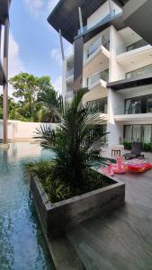 卡马拉海滩CYAN Resort Kamala Beach Apartments Condominiums的一座棕榈树建筑,毗邻一个游泳池