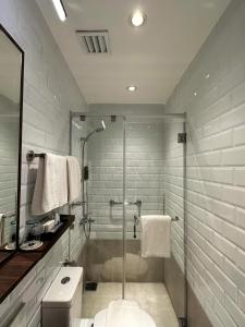 麦克坦Aerotel Cebu的带淋浴、卫生间和盥洗盆的浴室