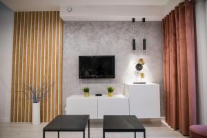 比斯库佩茨Nowoczesny apartament z antresolą i garażem的客厅设有2张桌子,墙上配有电视