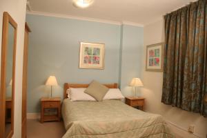 布罗姆利娱乐节目酒店的一间卧室配有一张床、两盏灯和一个窗户。