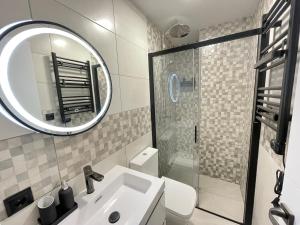 马德里HomeStay Lopez Pando的一间带水槽、镜子和淋浴的浴室