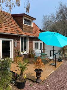 Hautot-sur-MerLe Pré Aux Loups的一个带蓝伞和房子的庭院