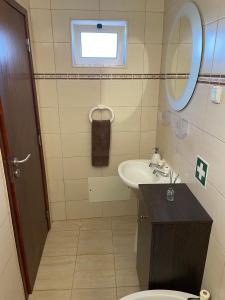 圣特奥托纽Alojamento Amor de Mãe的一间带水槽、卫生间和镜子的浴室