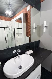 华沙Labo Apartment Metro Młociny的浴室设有白色水槽和镜子