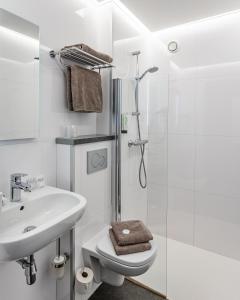 布鲁日Hotel Olympia in Bruges的白色的浴室设有水槽和淋浴。