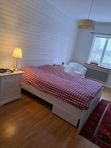 Röda villan的一间卧室配有一张床、一张书桌和一个窗户。