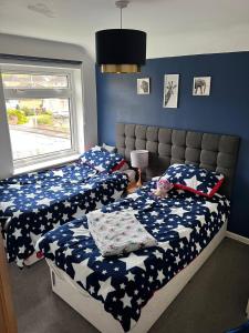 切尔滕纳姆Modern family home central Cheltenham的一间卧室设有两张单人床和一个窗户。