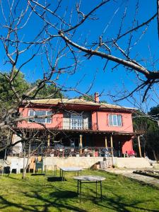 ÇekirgeChalet 20 Min Far To Uludag Ski Resort的粉红色的房子,前面设有两张野餐桌