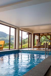 丰杜摩尔多瓦Conacul Baciu的游泳池享有带窗户的房子的景致