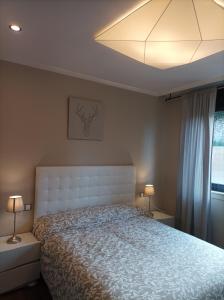 比韦罗Apartamento Piscina 1G by Urraca Suites Viveiro的一间卧室配有一张带白色床头板的大床