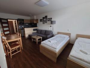 奥洛穆茨Penzion Barborka的一间卧室配有一张床,客厅配有沙发
