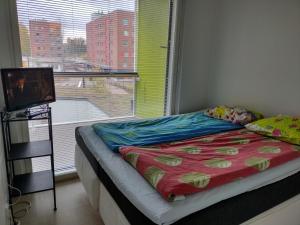 赫尔辛基Helsinki Private-Yksityinen-Частный Room in Shared Apartment into Airport-BusTrain Station-University的一张位于带窗户的房间的床