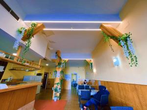 马德里Hostel Napoles的墙上挂着植物的蓝色天花板的办公室