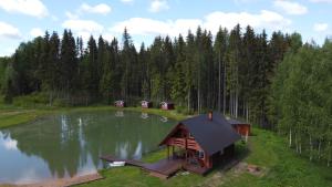 Suurepera puhkekeskuse kämping的享有湖泊的空中景致,设有小屋