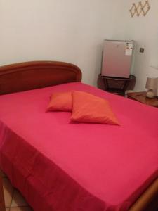 MontemitroShort-lets affittacamere的一张带粉红色床罩和红色枕头的床