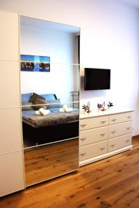维也纳Goldberger Apartment 1020的卧室内的镜子,配有一张床和电视