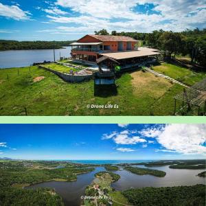 瓜拉派瑞Pousada Peninsula Santa Rita的两幅房子和河流的照片