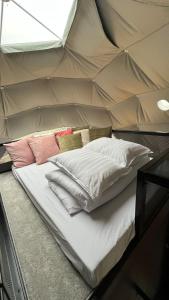 Minni-BorgHvítuborgir的帐篷内的一张床位,配有枕头