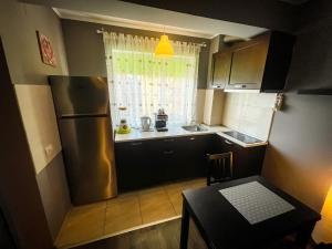 奥拉迪亚Prima Residence Apartment的一间带冰箱和桌子的小厨房
