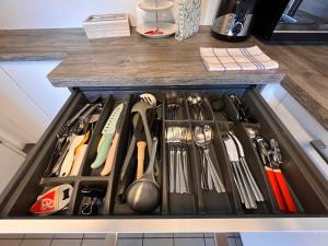 比赫莱尔塔尔A&D Apartment+Ferienwohnung/Elsasser Blick的厨房里装有刀具和餐具的抽屉