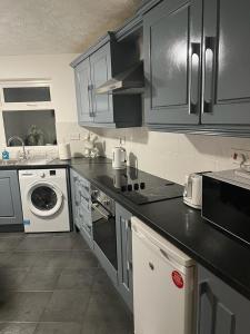 纽里Hill View House的厨房配有灰色橱柜、洗衣机和烘干机