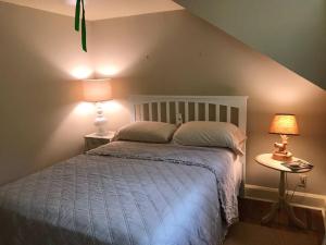 SharpsburgLock Keepers Cottage on C&O Canal/Potomac River的一间卧室配有一张带两盏灯的床。