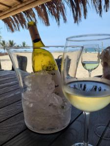 卡诺阿斯德蓬萨尔Las Hamacas的一瓶白葡萄酒和一杯冰