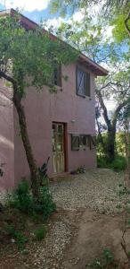 梅洛Cabaña Thaqu的前面有一棵树的粉红色房子