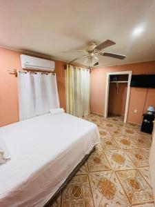 Six HutsCoco Bahia Apartment的一间卧室配有一张床和吊扇