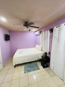 Six HutsBahia Azul Apartment的一间卧室配有一张床和吊扇
