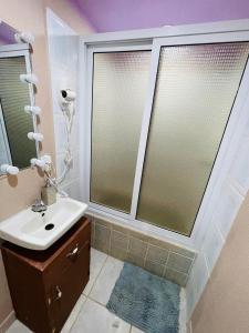 Six HutsBahia Azul Apartment的一间带水槽的浴室和两个窗户。