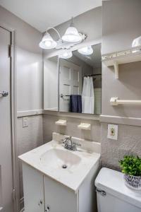 罗切斯特~Hot Tub~ in a Quiet Home near UofR/Dwnt/Aiprt/RIT的白色的浴室设有水槽和镜子