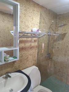万荣Vang Vieng Trendy Hotel的带淋浴、卫生间和盥洗盆的浴室