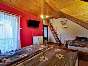 沃尼奥尔茨沃什海吉Dolce Villa Balaton的一间卧室设有两张床和红色的墙壁