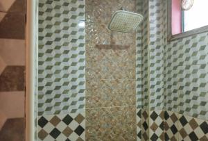 达沃市IDMAT INN的浴室设有淋浴和 ⁇ 板淋浴帘