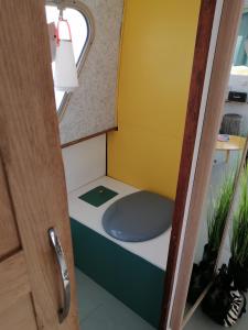 南特Esprit Péniche的一间小浴室,内设蓝色的厕所