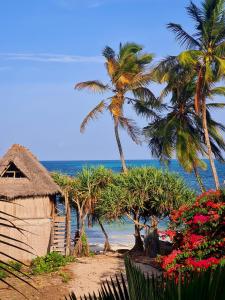 江比阿Ladha ya Zanzibar Boutique Guesthouse的棕榈树海滩,小屋和大海