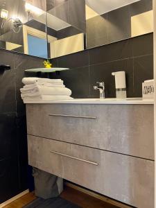 米兰San Siro Terrace Attic Apartment Milano的浴室配有盥洗盆和带毛巾的台面。