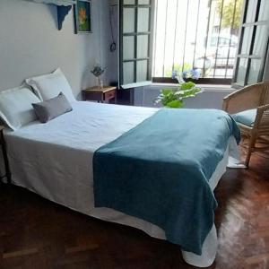 萨尔塔Los Aceres的一间卧室配有一张带蓝色毯子的床