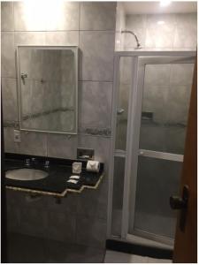 尼泰罗伊Tower Icaraí Hotel的浴室配有盥洗盆和带镜子的淋浴